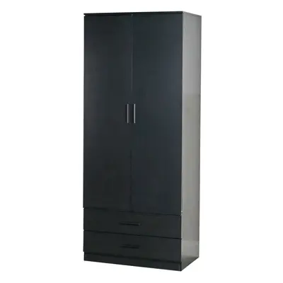 (Black Carcass + Black Drawers) Tall Wooden Door Wardrobe With Drawers Hanging