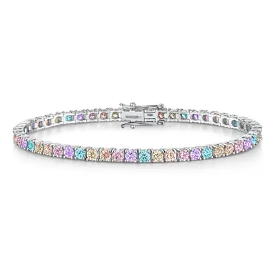 Jewelco London Ladies Rhodium Plated Sterling Silver Pink Blue Peach CZ Pastel Rainbow Tennis Br