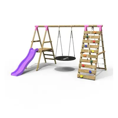 (Pyrite, Pink) Rebo Wooden Swing Set with Deck and Slide plus Up and Over Climbing Wall