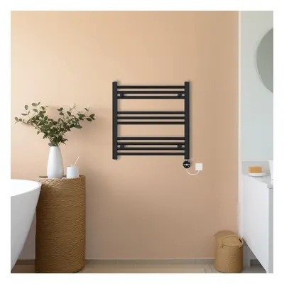 (Black, 600x600mm) NRG Prefilled Thermostatic Electric Straight Heated Towel Rail Radiator