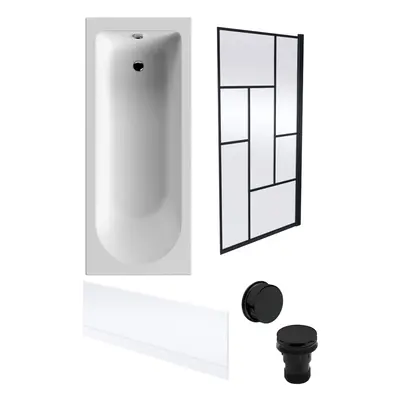 Round Single Ended Bath, Front Panel, Black Abstract Screen, Black Waste -1700x700mm