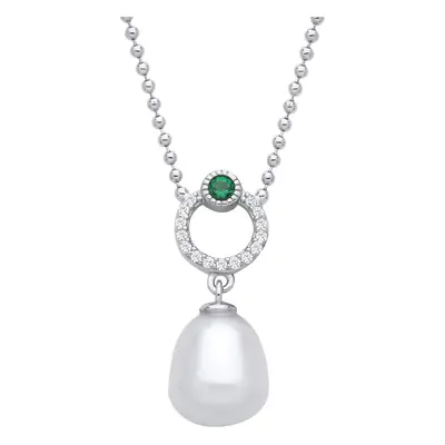 Jewelco London Ladies Sterling Silver Cream Green Nugget Pearl CZ Eyeball Halo Lantern Lavalier 