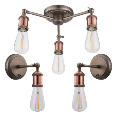 3 Lamp Ceiling Pendant & 2x Matching Wall Light Pack Tarnished Aged Copper Kit