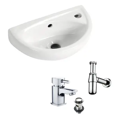 Small Compact Wall Hung Basin Mono Basin Mixer Tap Waste & Round Bottle Trap