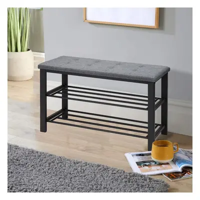 (Grey Linen) Metal Shoe Bench with Storage Shelfs