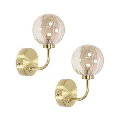 ValueLights Chessy Pair of Ribbed Glass Shade Gold Wall Light & Bulbs