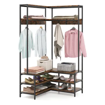 Corner Coat Rack L-shaped Clothes Rack with Hooks & Shoe Bench