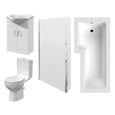 1700mm Bathroom Suite - Shape Shower Bath, Front Panel, Shower Bath Screen, Vanity Basin Unit an