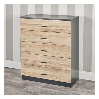 (Black Carcass with Oak Drawers, 5) URBNLIVING Drawer Wooden Bedroom Chest Cabinet