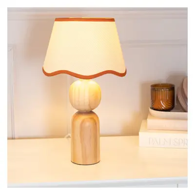 ValueLights Azalea Linen Scallop Rust Shade Wooden Table Lamp & Bulb