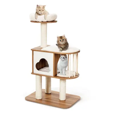 Wooden 4-Tier Cat Tree Cat Tower w/Scratching Sisal Posts & Cushions