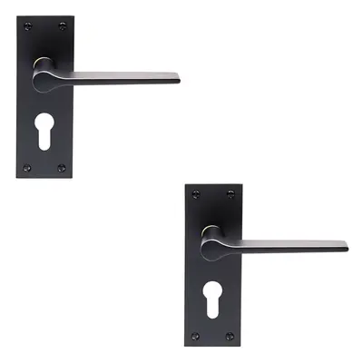 2x PAIR Flat Straight Handle on Slim Euro Lock Backplate x 50mm Matt Black