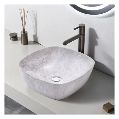 Square Rounded Corners White Ceramic Marble Effect Texture Countertop Basin Bathroom Sink W mm