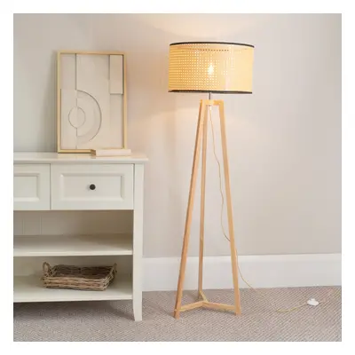 ValueLights Lottie Wicker Drum Shade Natural Wood Tripod Floor Lamp