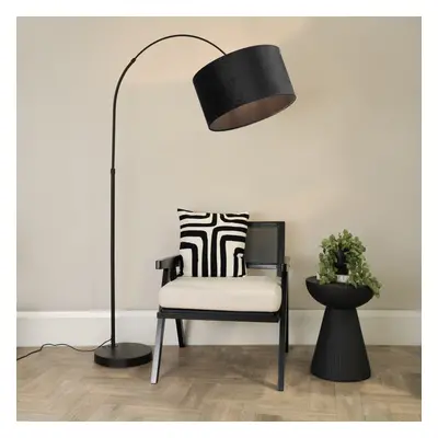 ValueLights Louis Black Velvet Shade Black Arched Floor Lamp with Bulb