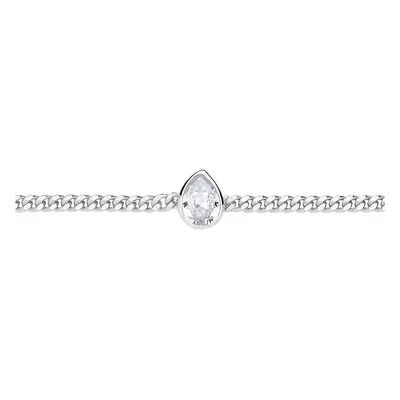 Jewelco London Ladies Rhodium Plated Sterling Silver Pear CZ Bezel Solitaire Curb Chain Bracelet