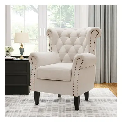 (Cream) Linen Fabric Wing Back Armchair Accent Chair