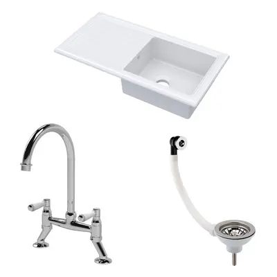 Fireclay Kitchen Bundle - Single Bowl Sink & Drainer, Waste & Bridge Lever Tap, 1010mm - Chrome