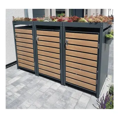 DWDÂ® Triple Wheelie Bin Hideaway with Plant Roof & Wood Effect Doors