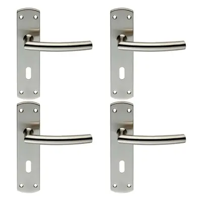 4x Curved Bar Lever Door Handle on Lock Backplate x 44mm Satin Steel