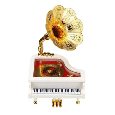 (White) Vintage Retro Piano Phonograph Gold Trumpet Horn Music Box Home Decorations