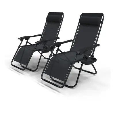 VOUNOT Set of Zero Gravity Chairs, Garden Sun Loungers with Cup and Phone Holder, Black