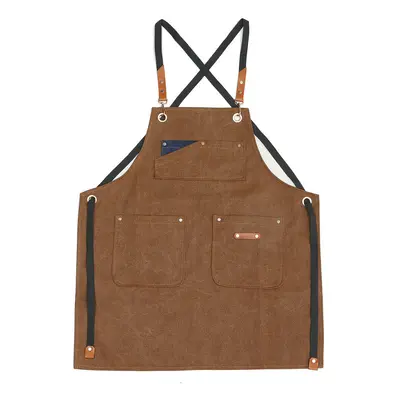 (Brown) Canvas Woodworking Apron Shop Apron Pockets Waxed Wax Cloth Waterproof Apron Chef Tool S