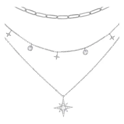 Jewelco London Ladies Rhodium Plated Sterling Silver CZ Floating Star Charms Paperclip Multi-str