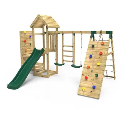 (Dolomite+) Rebo Wooden Climbing Frame with Vertical Rock Wall, Swing Set and Slide