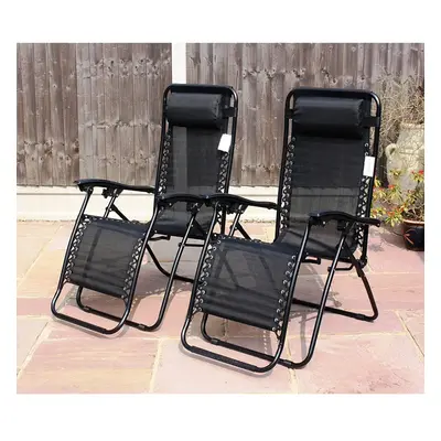 Set Of Garden Gravity Sun Lounger Folding Sun Bed Relaxing Reclining Chairs (Black)