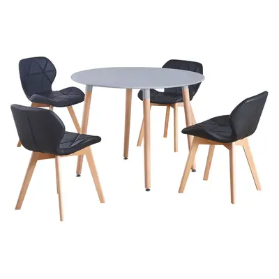 (Grey Table & Black PU Chairs) Charles Jacobs Round Seat Dinner Table & Chair Circular Scandi Se