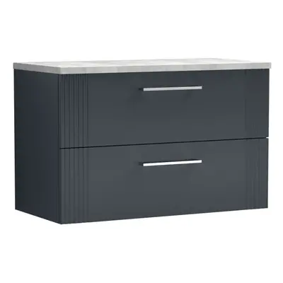 Retro Drawer Wall Hung Vanity Unit with Bellato Grey Laminate Worktop - 800mm - Satin Soft Black