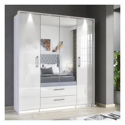 White Mirrored Wardrobe Gloss Matt Modern 4-Door 2-Drawer Bedroom Storage LED Lights Infinity