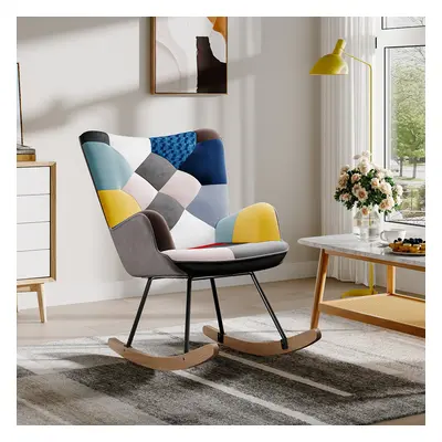 Colourful Patchwork Rocking Chair with Wood Legs