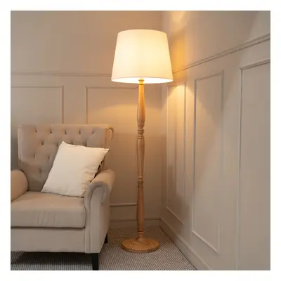 ValueLights Victoria White Tapered Shade Light Wood Floor Lamp & Bulb