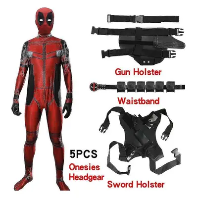 (5pcs, S) Deadpool Costume Cosplay Kids Adult Suit Anime Superhero Cosplay Death Waiter Anime Ad