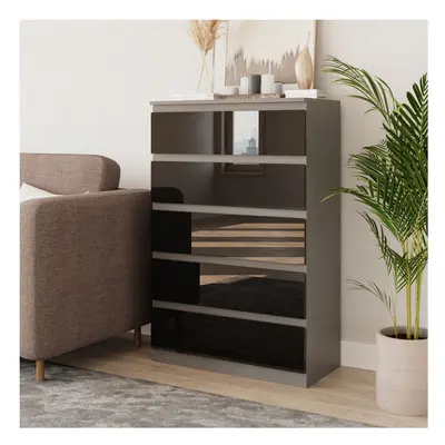 (Grey & Black) Drawer High Glossy Wooden Bedroom Chest Cabinet No Handle Drawer Storage