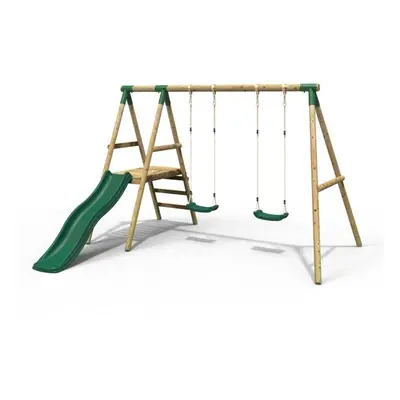 Rebo Gemini Wooden Garden Swing Set with Swings, Platform and Slide - Green