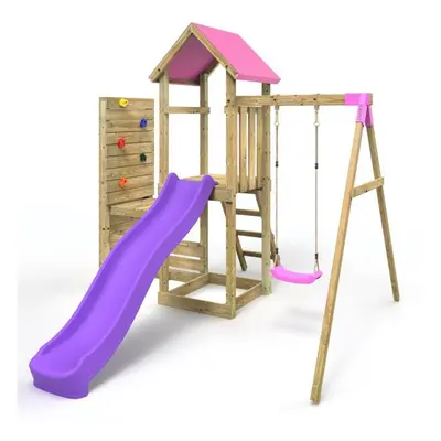 (Rushmore+ Pink) Rebo Wooden Climbing Frame with Vertical Rock Wall, Swing Set and Slide