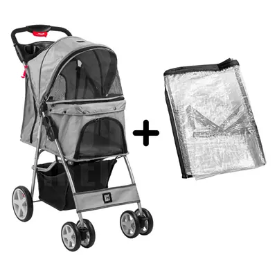 (Grey Pet Stroller + Cover) KCT Hooded Pet Strollers for Small to Medium Sized Pets