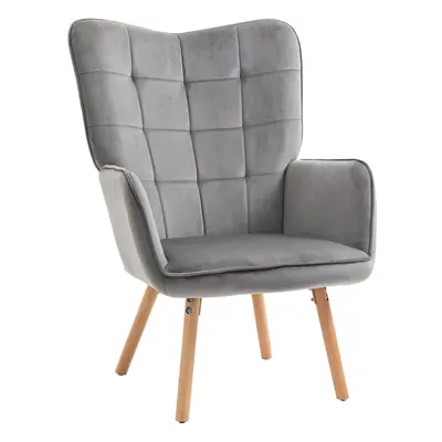 HOMCOM Modern Accent Chair Velvet-Touch Tufted Wingback Armchair Wood Legs Grey