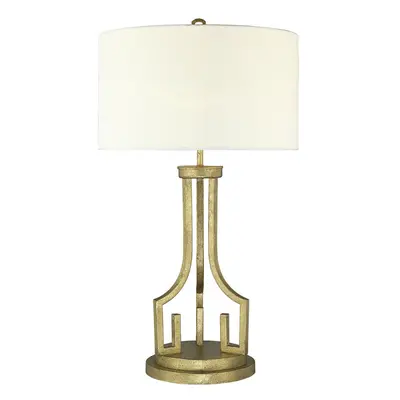 Table Lamp Grecian Key Motif Ivory Whie Linen ShadeDistressed Gold LED E27 100W