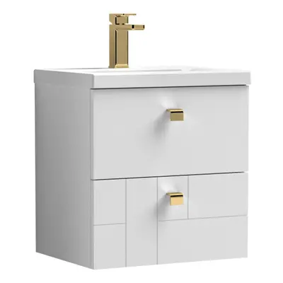 Cube Wall Hung Drawer Geometric Vanity Basin Unit & Ceramic Mid-Edge Basin - 500mm - Satin White