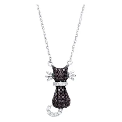 Jewelco London Ladies Sterling Silver Black Cubic Zirconia Kitty Cat Charm Necklace inch - GVK23