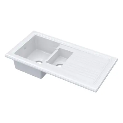 Fireclay Kitchen Drop In Sink - 1.5 Bowls & Grooved Draining Area (Wastes Sold Separately) - Whi