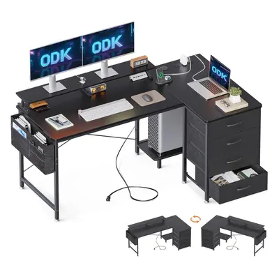 ODK Corner Desk with Drawers, Shaped Computer Desk with USB Charging