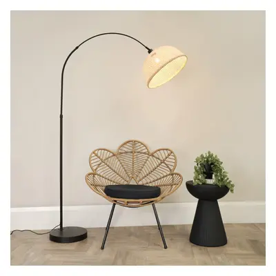 ValueLights Louis Black Arched Floor Lamp with Bamboo Dome Lamp Shade