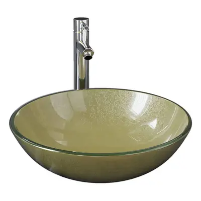 vidaXL Bathroom Sink with Tap and Push Drain Gold Tempered Glass Wash Basin