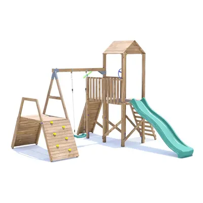 FrontierFort Climbing Frame with Single Swing, HIGH Platform, Climbing Wall & Slide