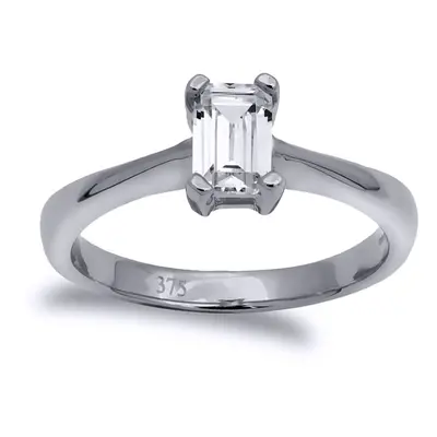 (O) Jewelco London Ladies Solid 9ct White Gold White Emerald Cut Cubic Zirconia Solitaire Engage